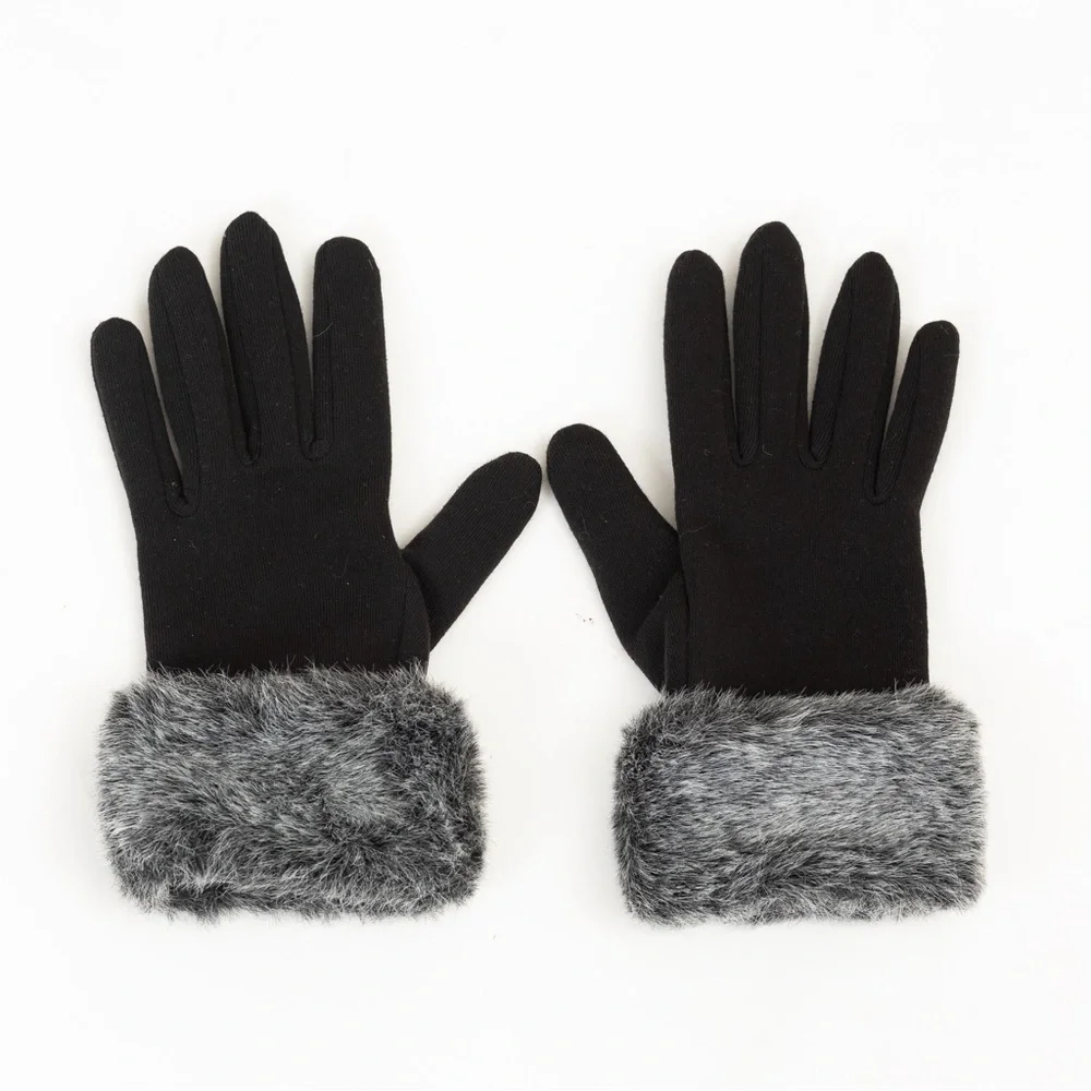 Faux fur trimmed gloves luxury black & gray